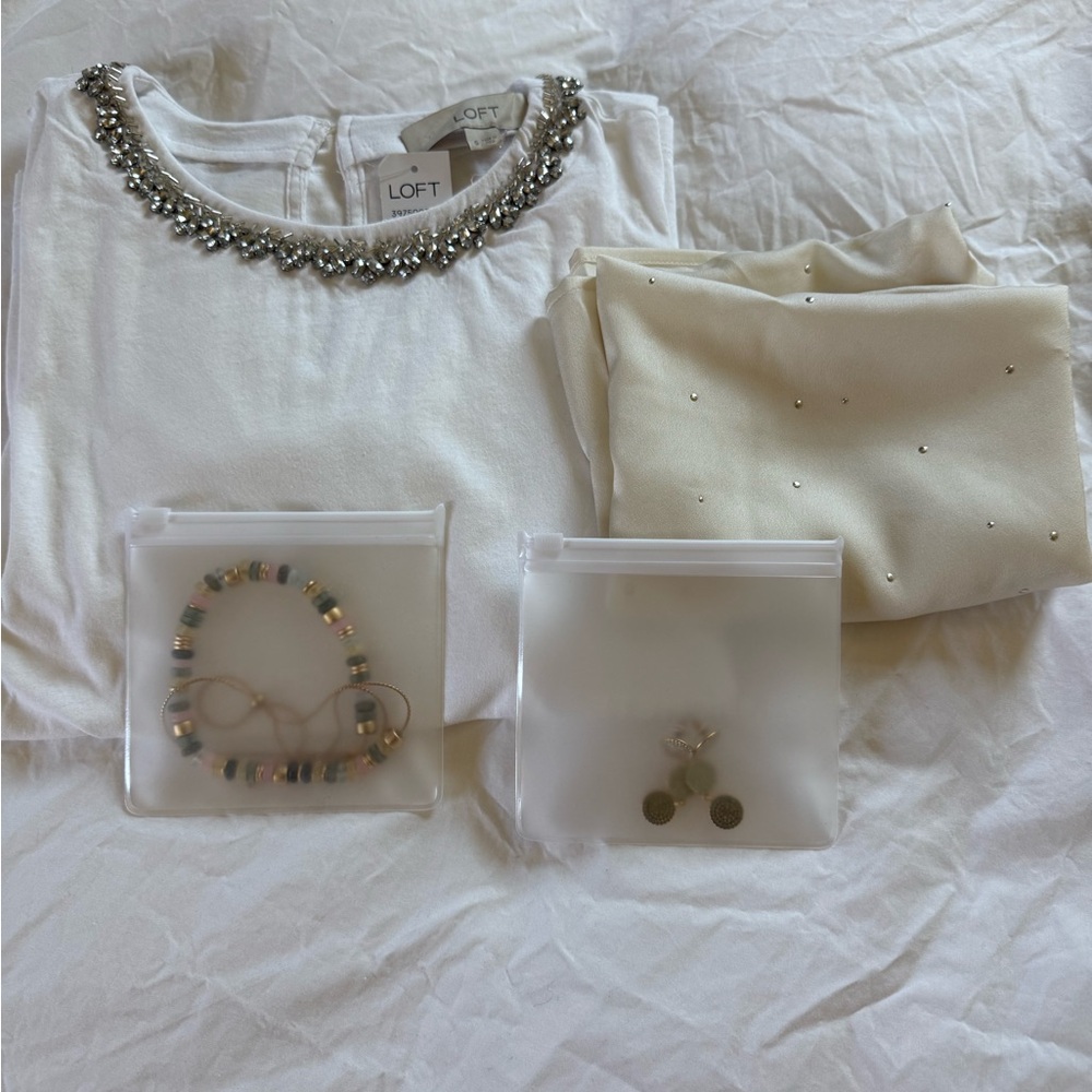 LOFT Beaded-Neckline Ivory/Silver Shell Top